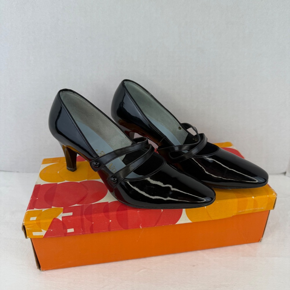 Connie Vintage Black Patent Leather Double Strap Mary Jane Heels Pumps Size 7 AA